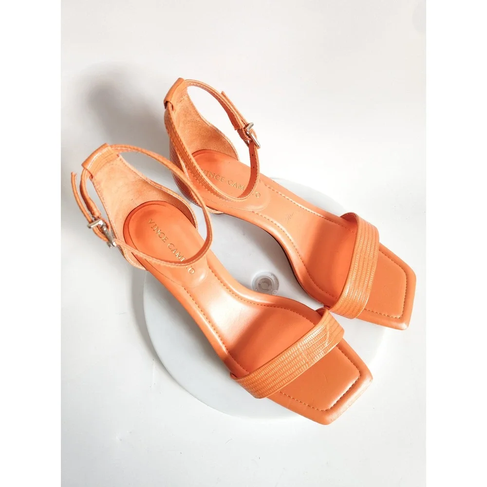 New Vince Camuto Sandals 6.5 Kitten Heels Square Toe Orange Lizard Embossed